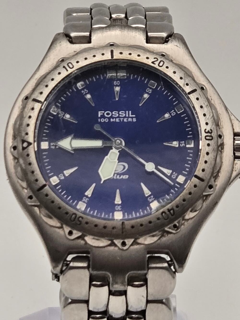 Fossil Blue Mens Watch Stainless Steel Diver Quartz 100M Water Resistant - Picture 1 of 9